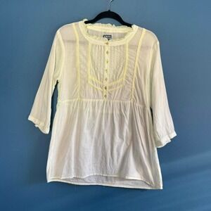Y2K Cotton Peasant Blouse Women's Size Large White Green Yellow Ruffle Boho